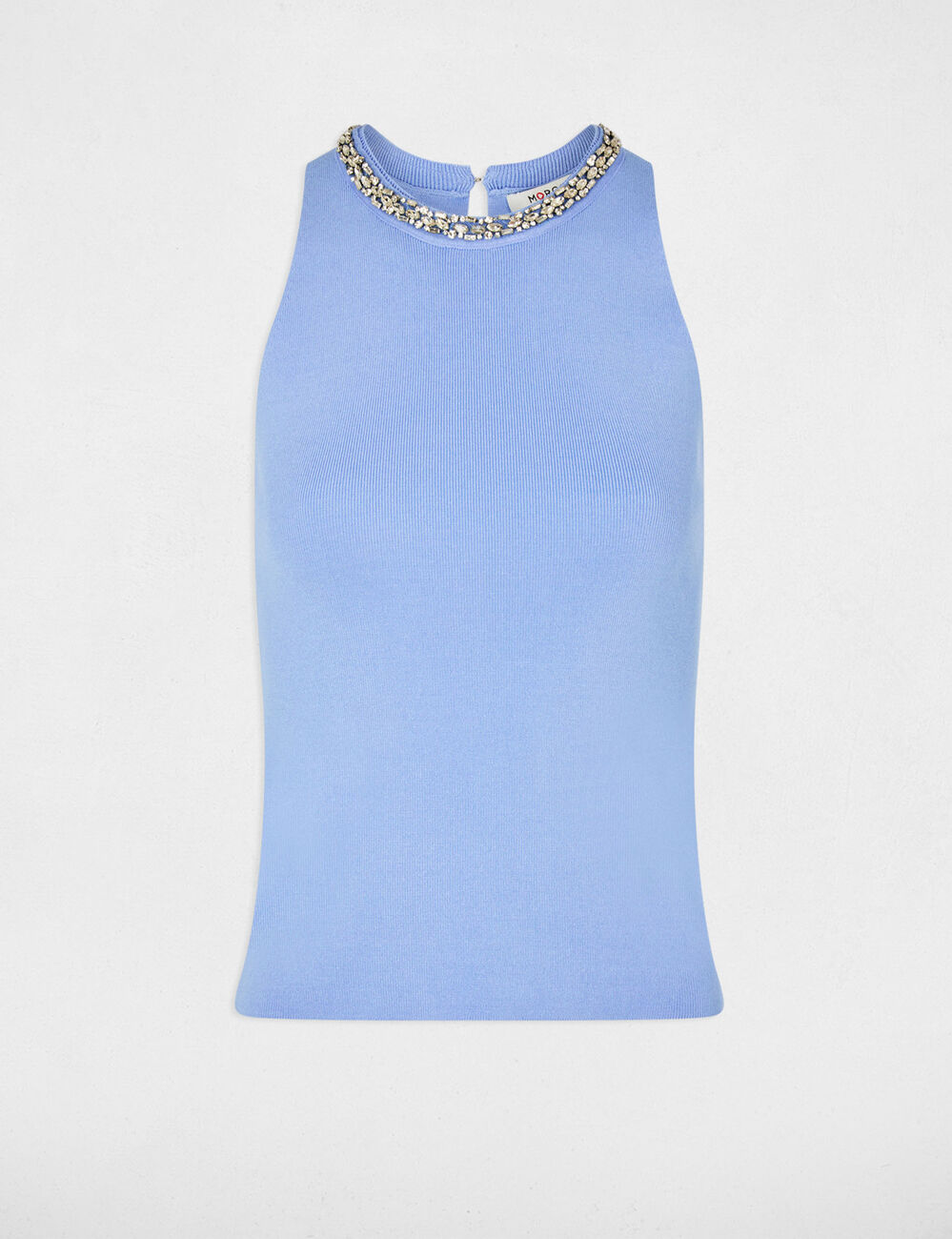 Getailleerde tanktop met strass bleu vrouw