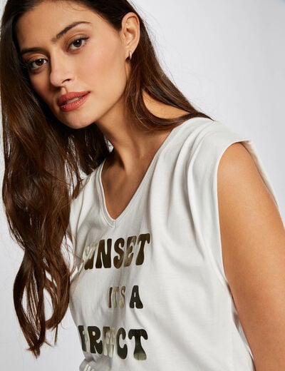 T-shirt manches courtes &agrave; inscription ecru femme