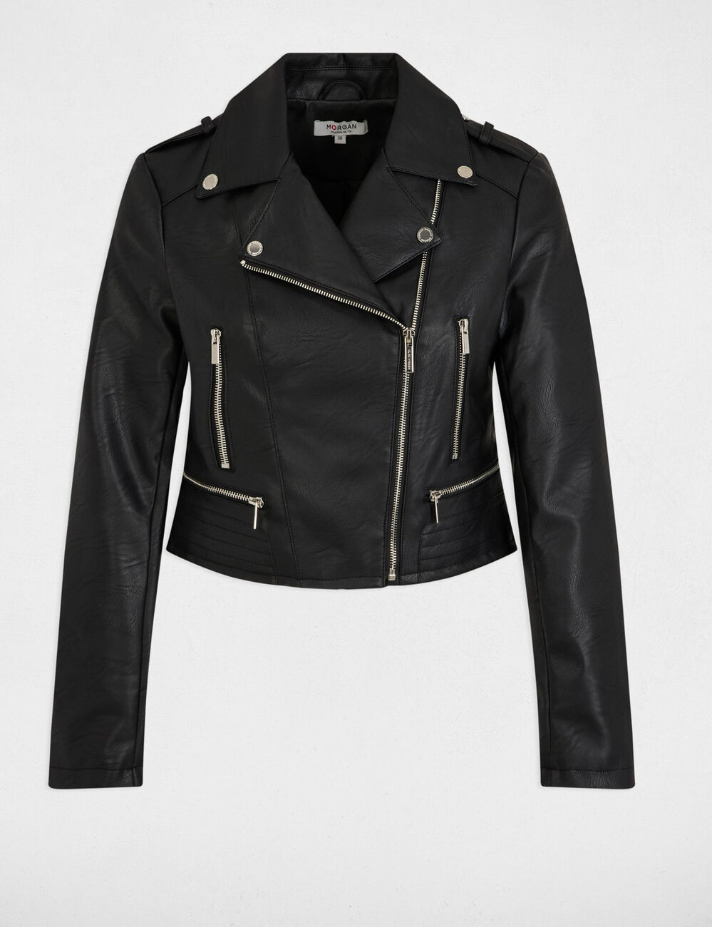 Blouson droit avec col cranté à revers noir femme