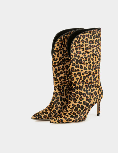 Bottes en cuir imprimé léopard marron femme