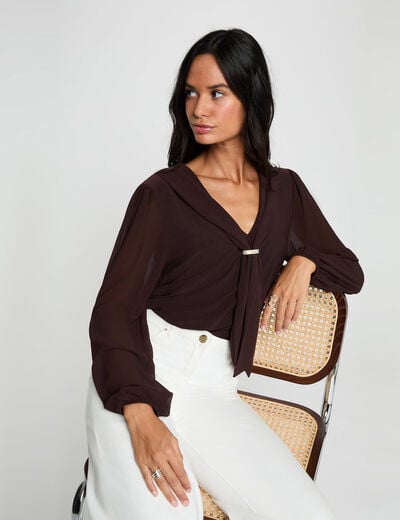 T-shirt voile col lavalli&egrave;re marron fonc&eacute; femme