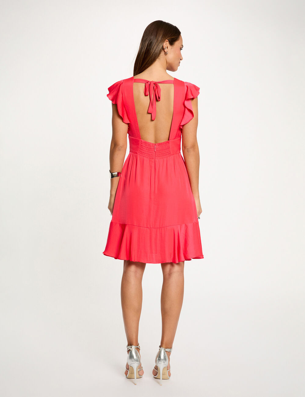 Robe satin dos ouvert rouge corail femme