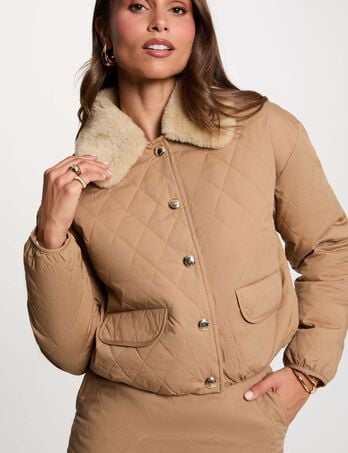 Veste courte matelass&eacute;e marron cognac femme