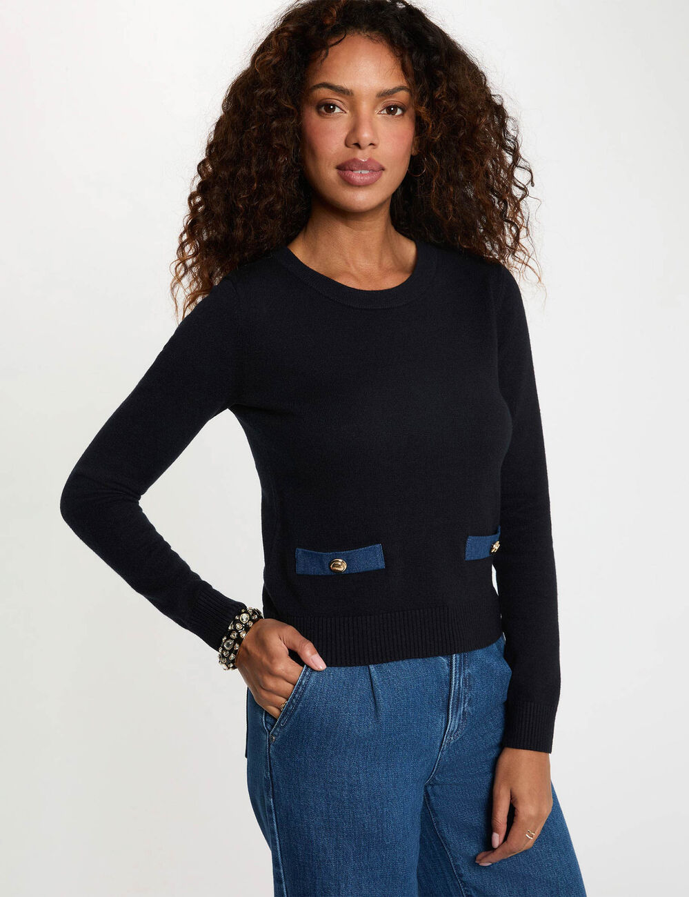 Pull col rond bleu marine femme