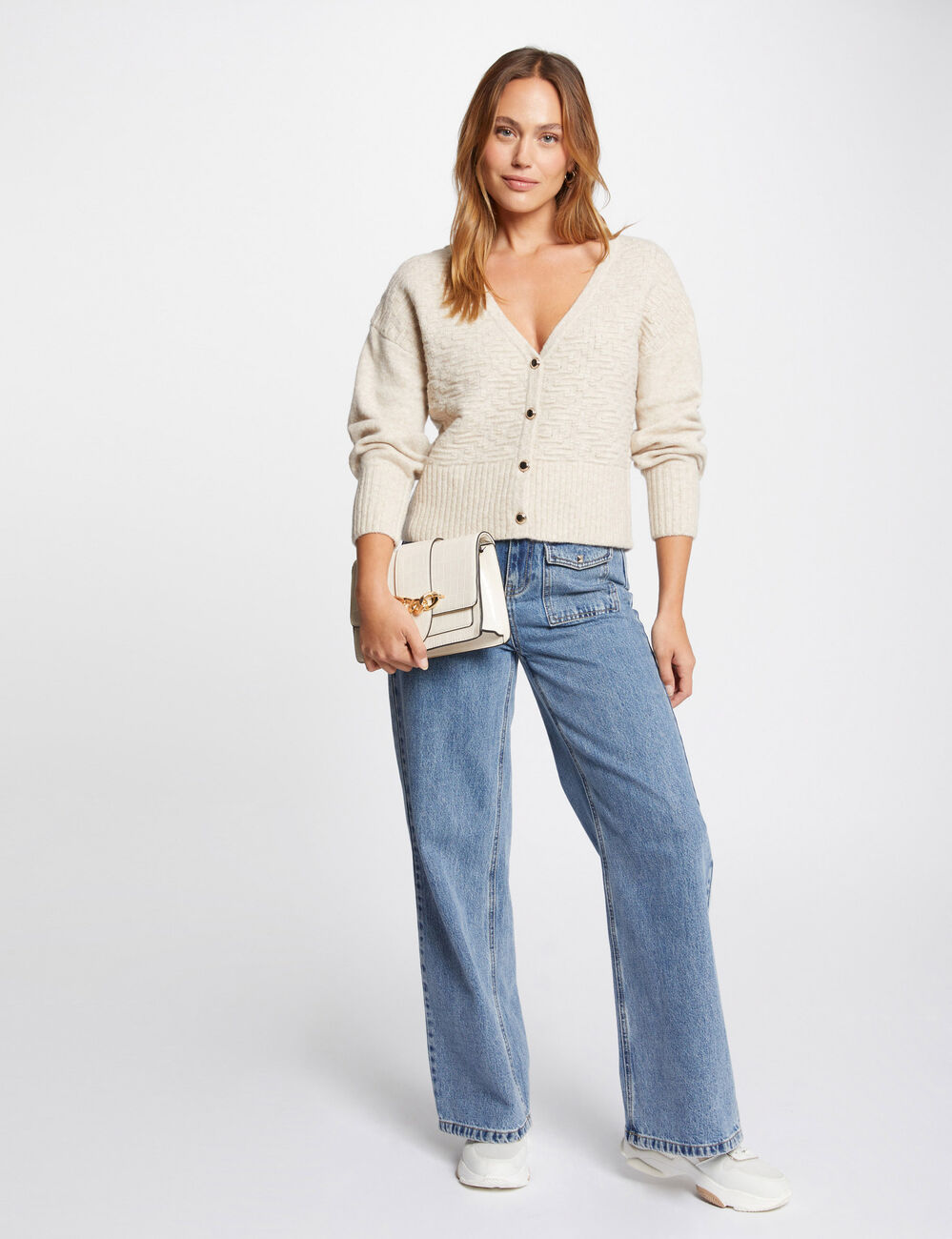 Cardigan met lange mouwen en V-hals beige vrouw