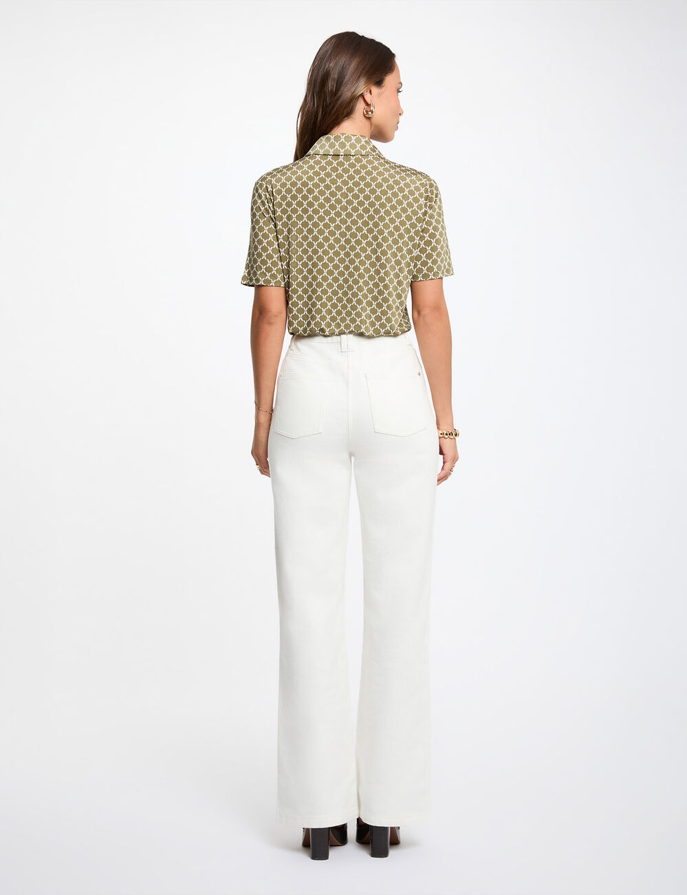 Chemise imprim&eacute;e col &agrave; revers vert kaki femme