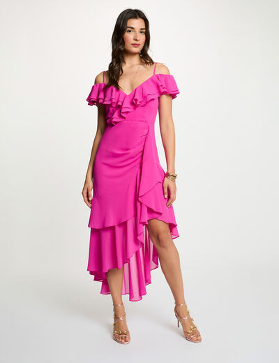 Robe midi droite volants rose framboise femme