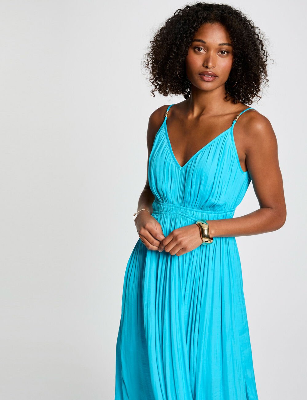 Robe midi droite pliss�e bleu ciel femme