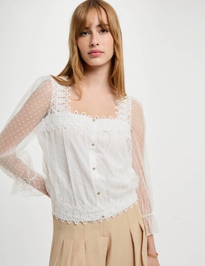 T-shirt manches 3/4 plumetis blanc femme