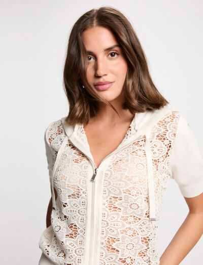Gilet manches courtes capuche ivoire femme
