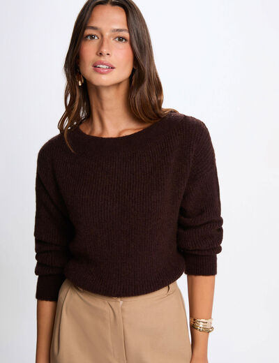 Pull col rond marron foncé femme