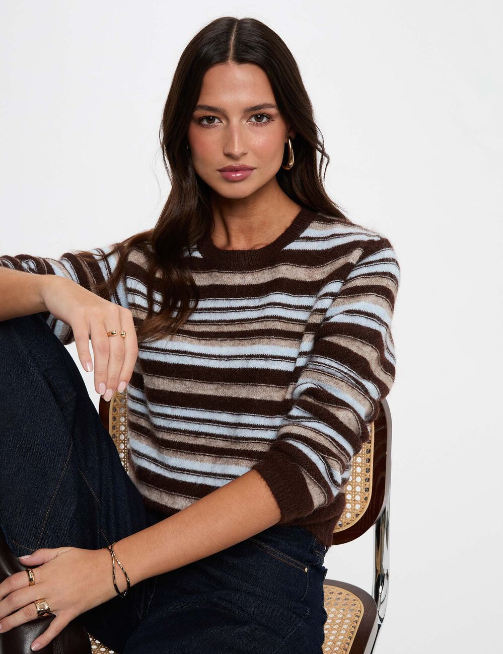 Pull ray&eacute; col rond beige femme