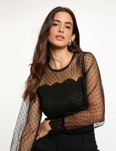Body dentelle manches longues noir femme