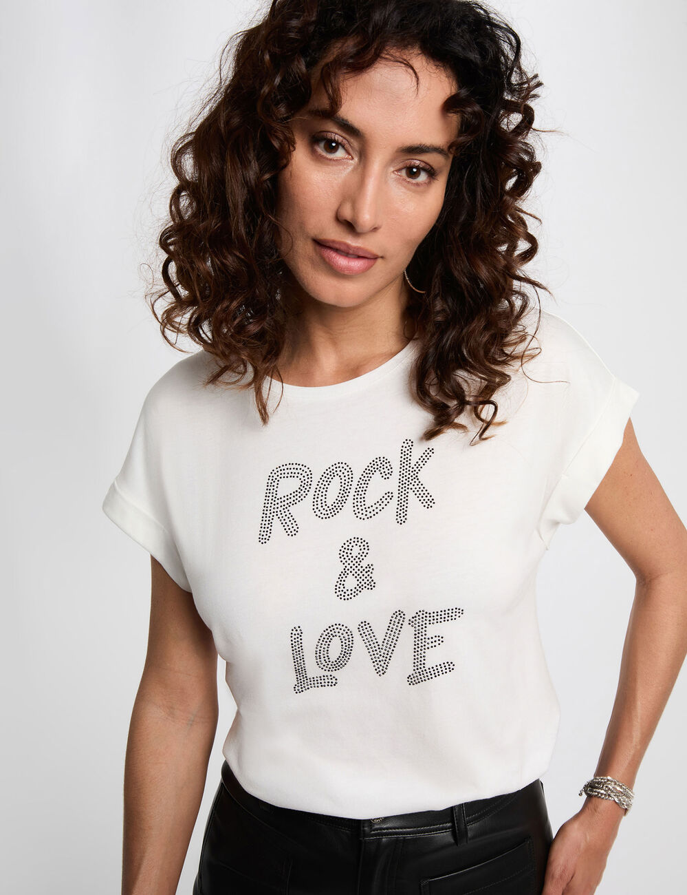 Kort T-shirt met strass helder wit vrouw