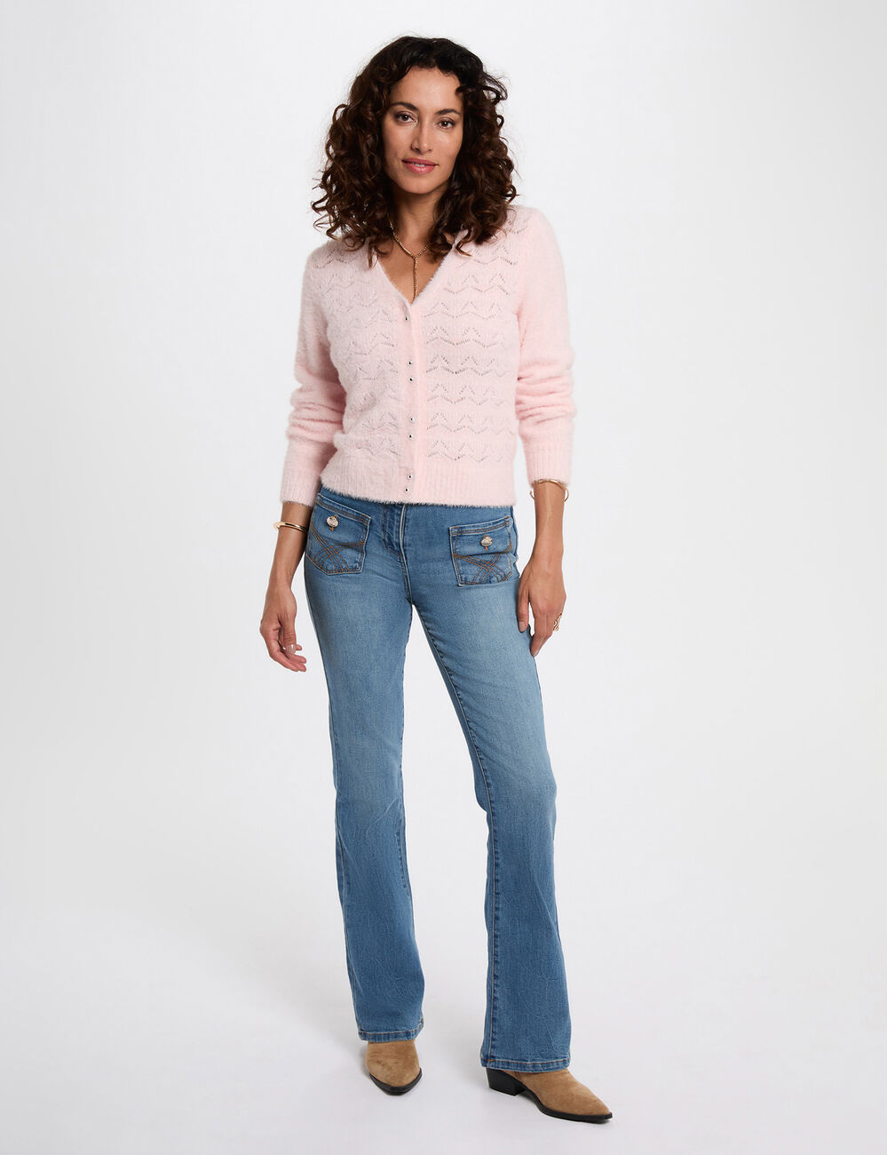 Gilet col v textur&eacute; rose clair femme