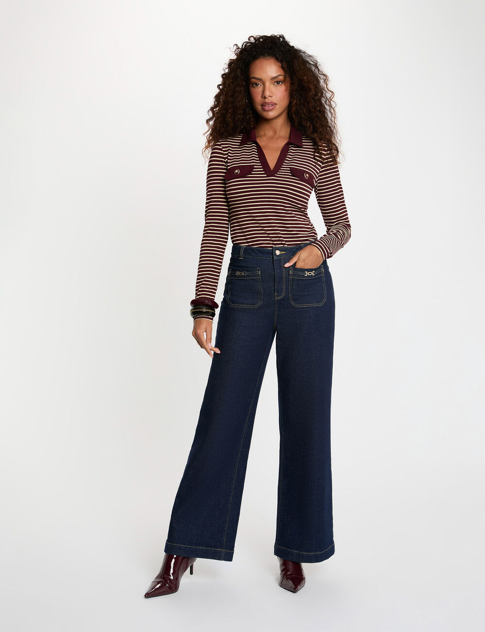Gestreept poloshirt met lange mouwen bordeaux vrouw