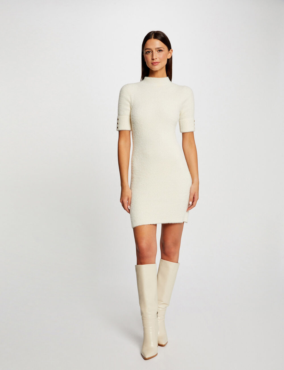 Robe tricot ajust&eacute;e manches courtes ivoire femme