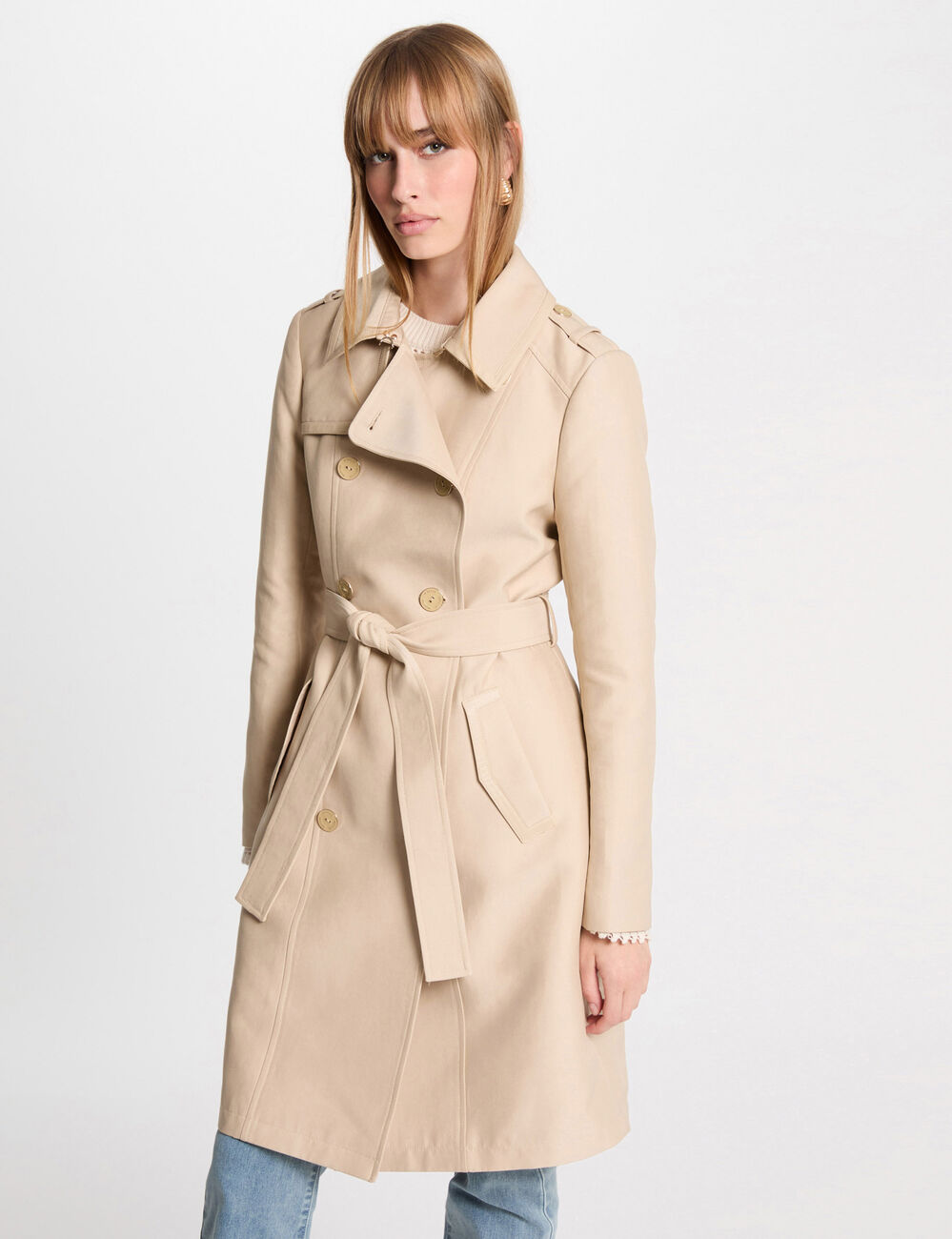 Lange trenchcoat met riem zand vrouw