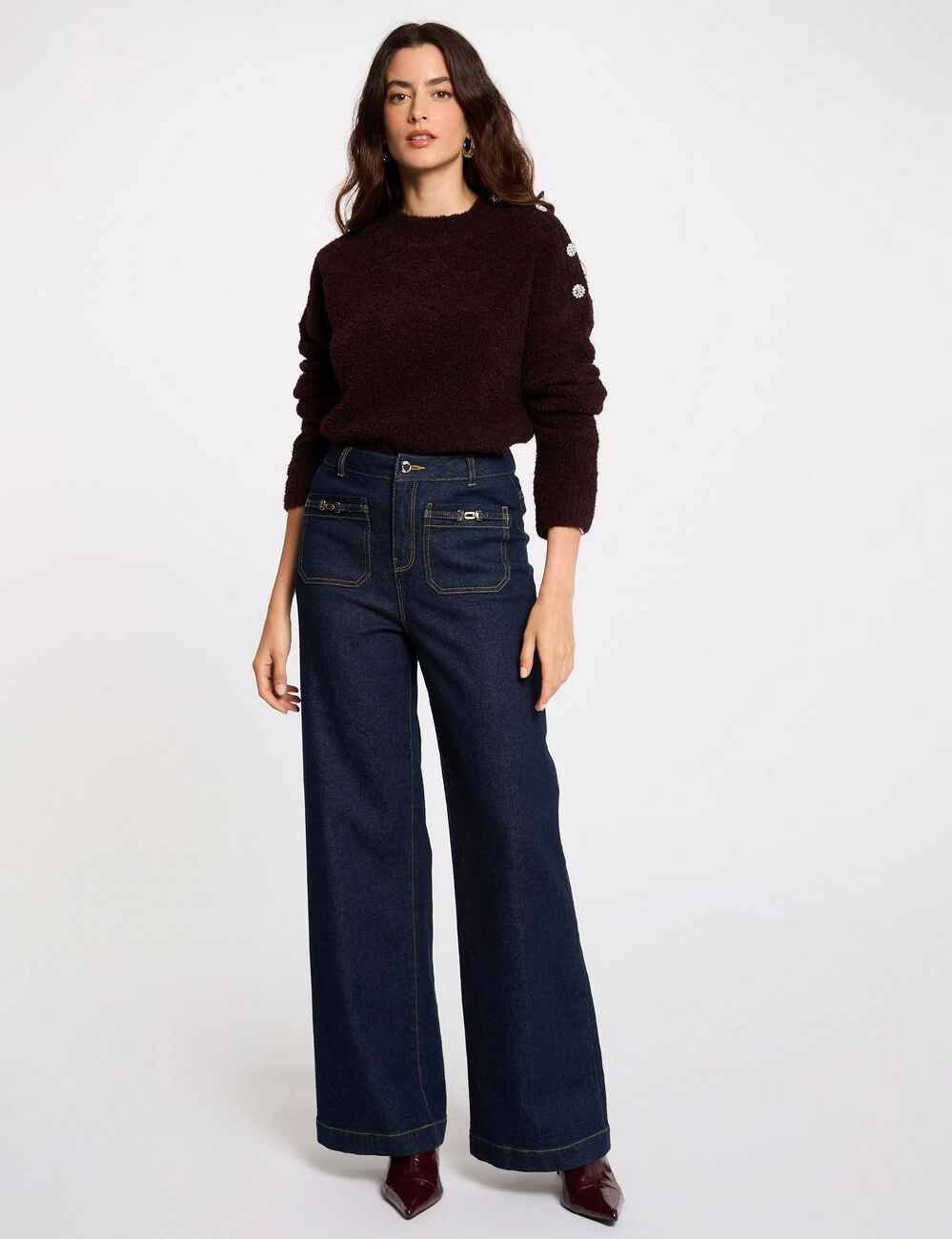 Pull col montant et boutons prune femme