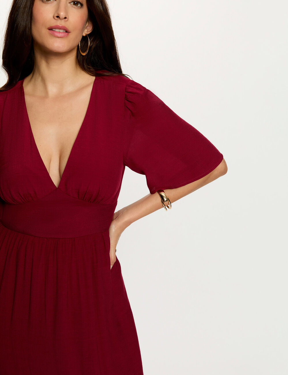 Robe longue col v bordeaux femme