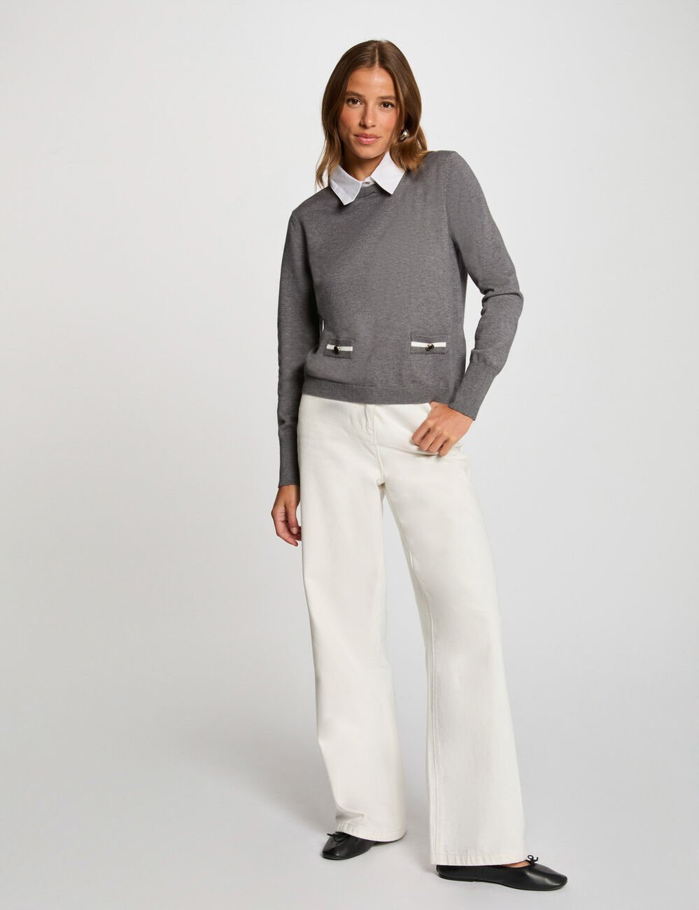 Pull col chemise gris foncé femme