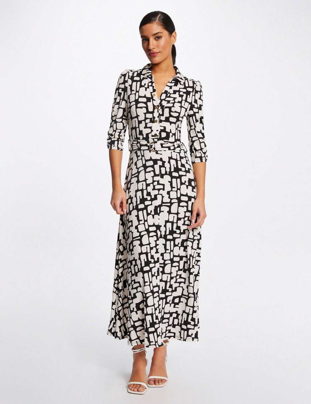 Robe longue &eacute;vas&eacute;e imprim&eacute; abstrait ecru femme
