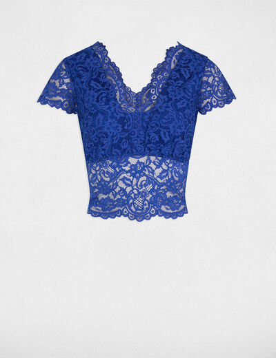 Kanten T-shirt met V-hals bleu electrique vrouw