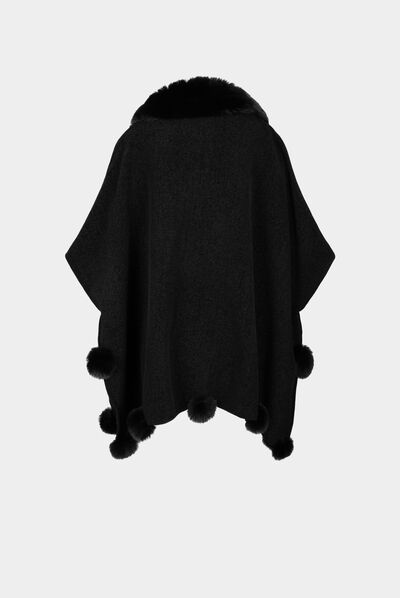 Poncho met pompons zwart vrouw