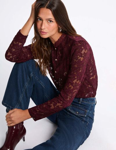 Kant T-shirt met hoge kraag pruim vrouw