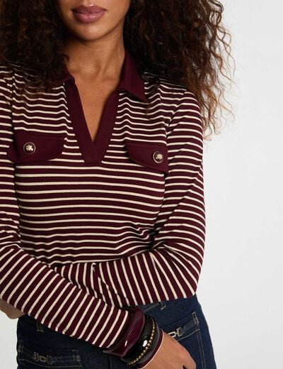 Polo manches longues ray&eacute; bordeaux femme