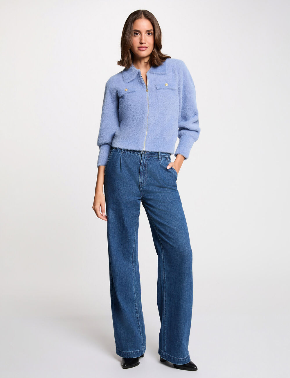 Vest met lange mouwen en reverskraag bleu vrouw