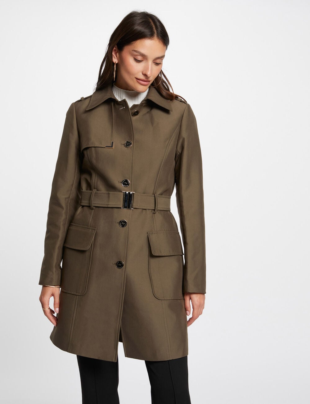 Trench long ceintur&eacute; vert kaki femme