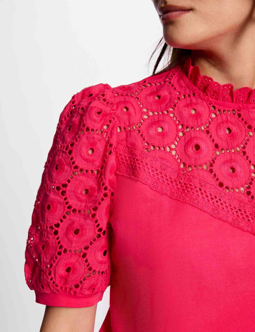 Geborduurd T-shirt met korte mouwen fuchsia roze vrouw