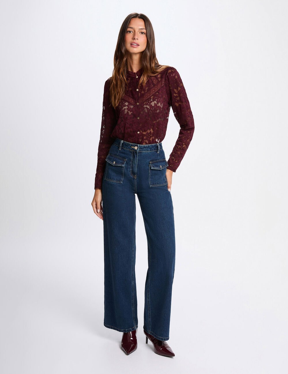 Kant T-shirt met hoge kraag pruim vrouw