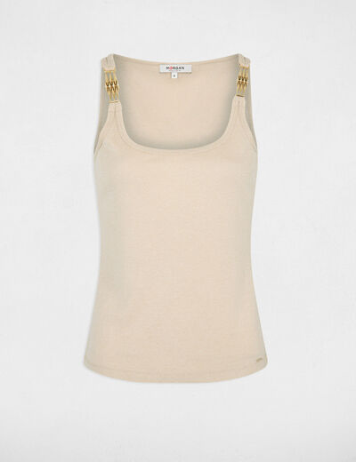 Geribbelde tanktop met dunne bandjes ivoor vrouw