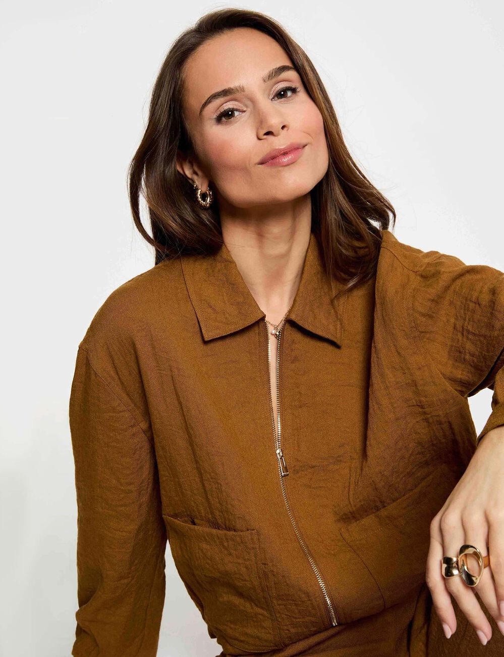 Geplooide oversized jas camel vrouw