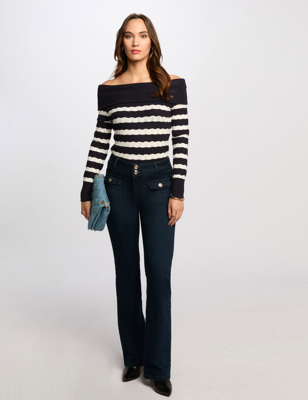 Gestreepte Bardot trui marineblauw vrouw