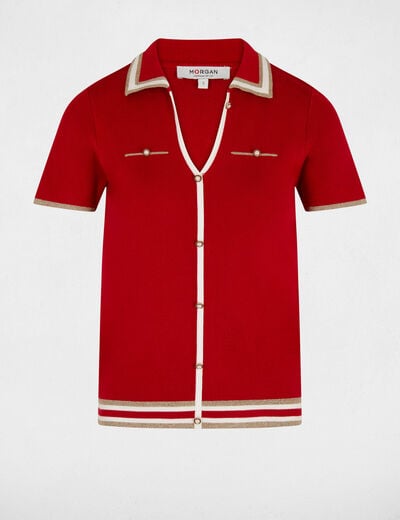 Pull col polo manches courtes rouge femme