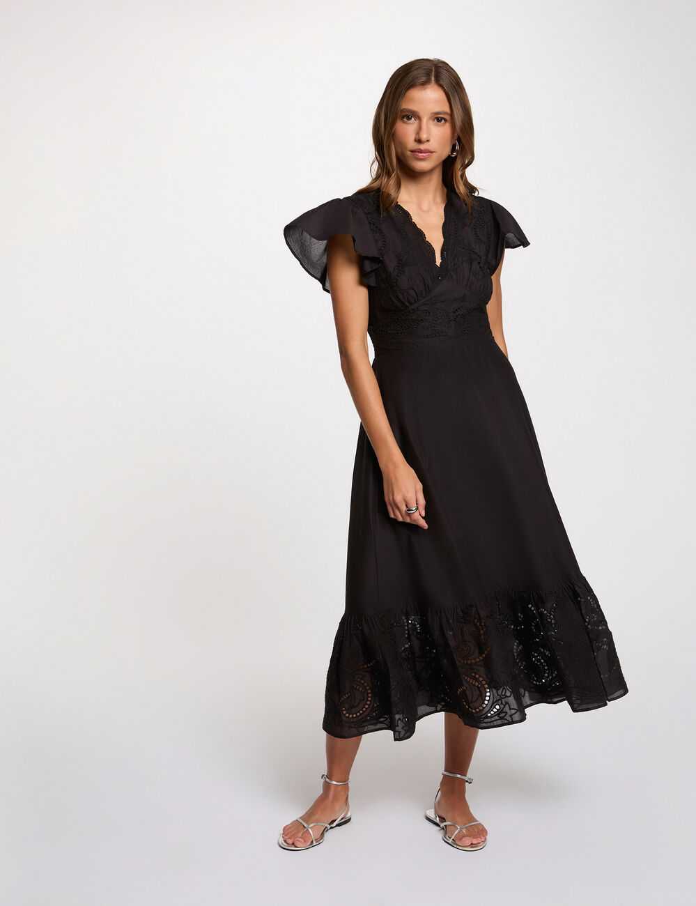 Robe longue broderie noir femme