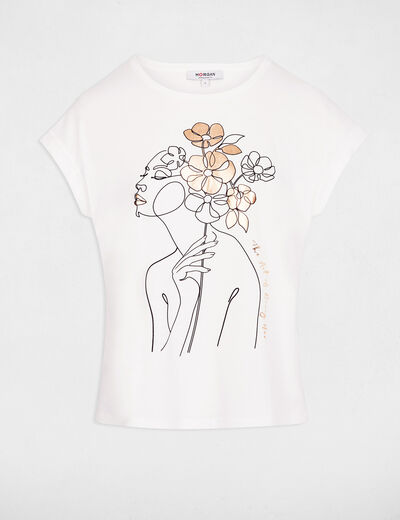T-shirt droit imprim&eacute; blanc femme