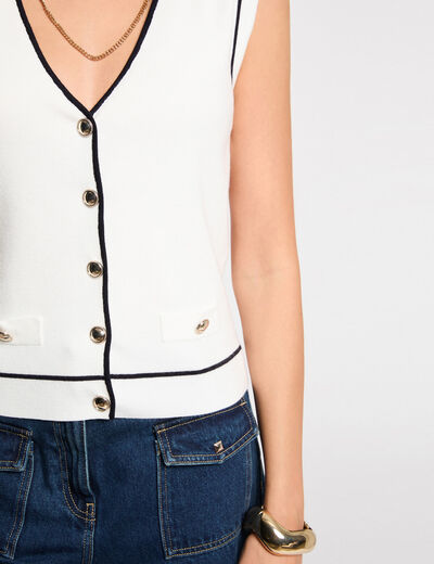 Pull sans manches col v blanc femme