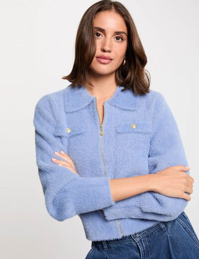 Vest met lange mouwen en reverskraag bleu vrouw