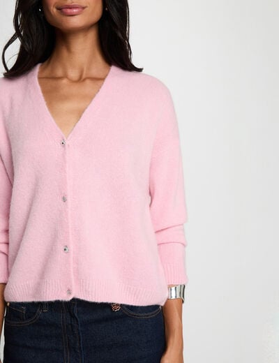 Gilet tricot col v rose pastel femme