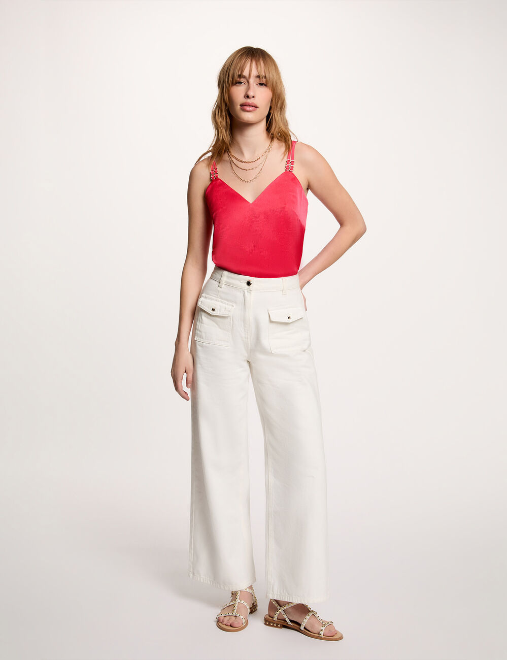 Satijnen top met bandjes koraalrood vrouw