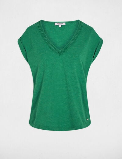 T-shirt brillant col v vert prairie femme