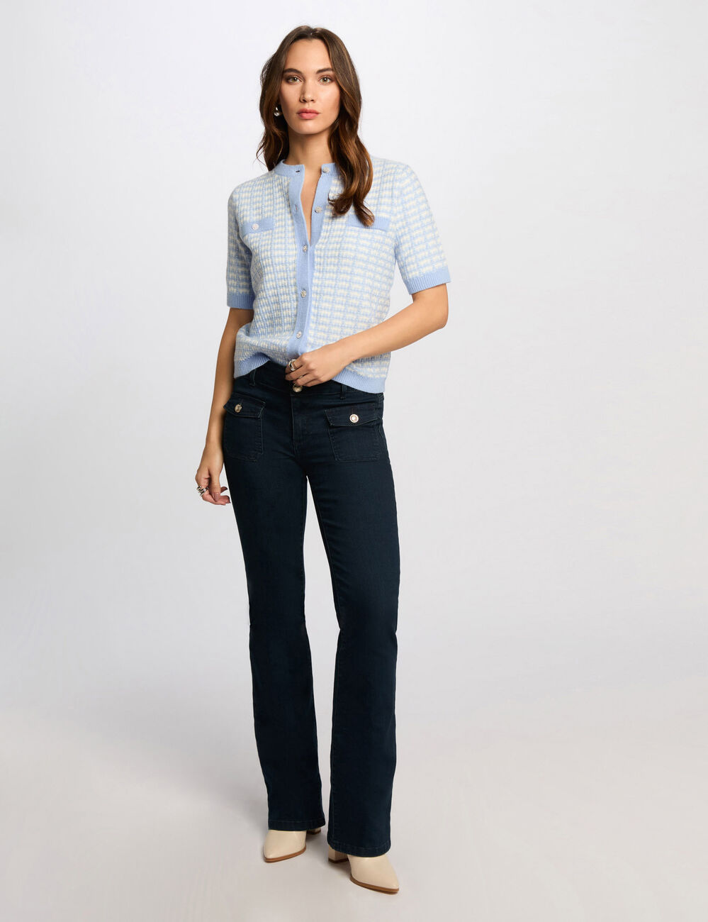 Gilet manches courtes imprim&eacute; bleu ciel femme