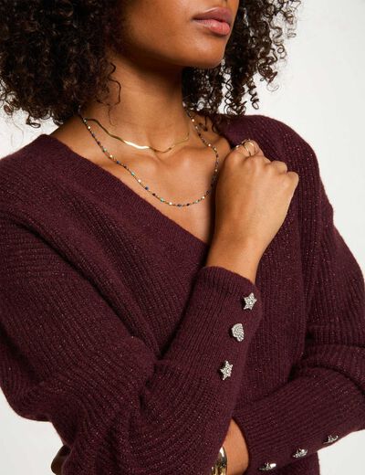 Pull col en V oversize prune femme