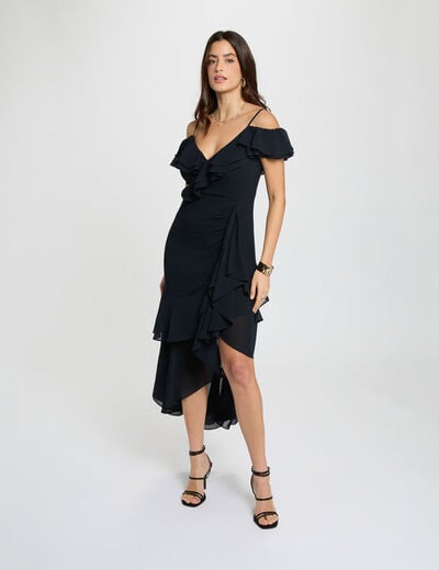 Robe midi droite volants bleu marine femme