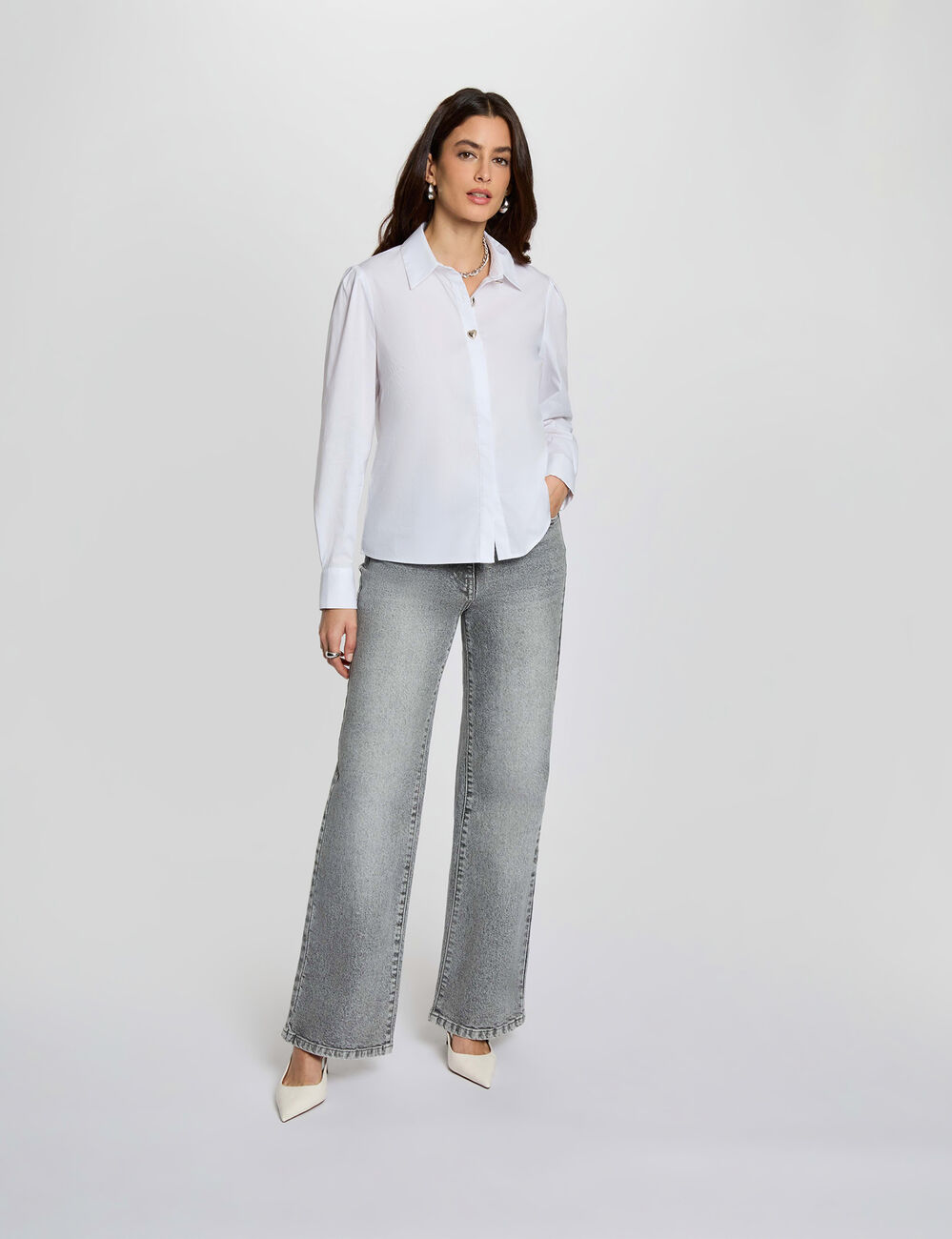 Chemise droite col &agrave; revers blanc femme