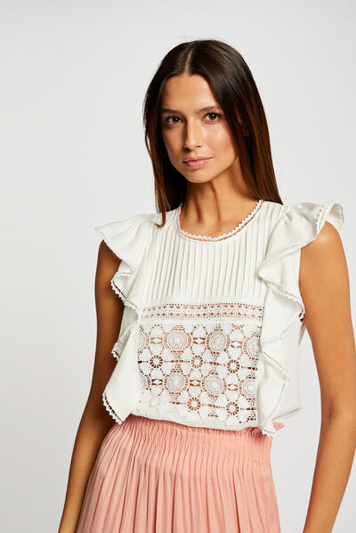 T-shirt manches courtes à volants ecru femme
